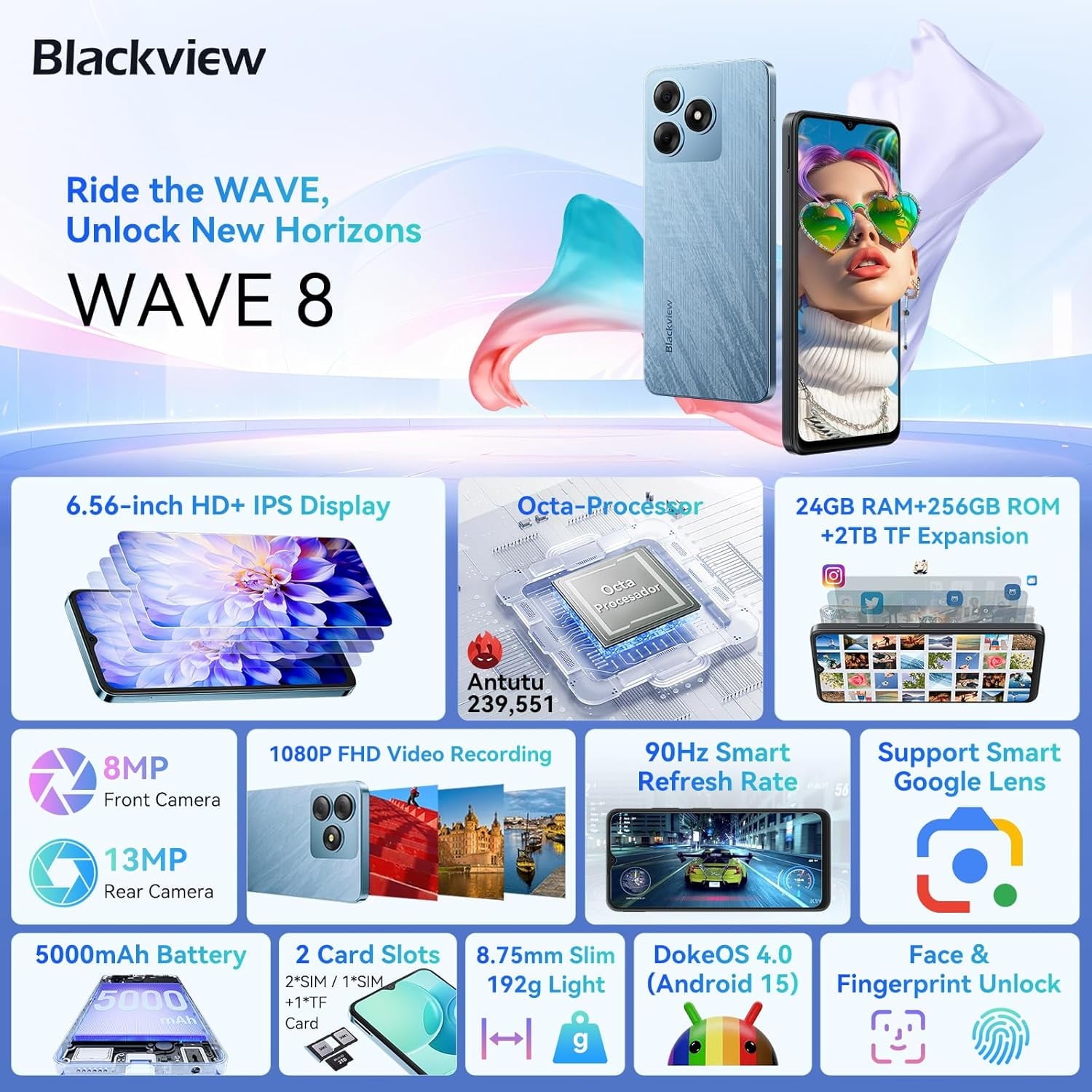 Blackview WAVE 8 Unlocked Phones, Android 15 Smartphones 24GB+256GB/2TB, 4G Octa-Core, 13MP+8MP AI Camera 5000mAh/10W Cell Phone, 6.56" HD+, GPS/OTG, Fingerprint/Face ID Mobile Phones, Blue